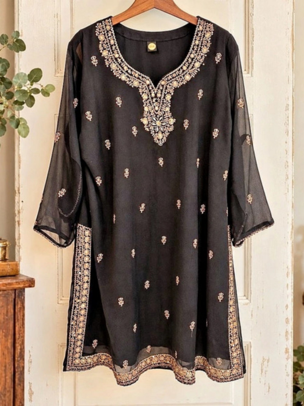 DIA Black Gold Embroidered Kurta Tunic 24” PTP